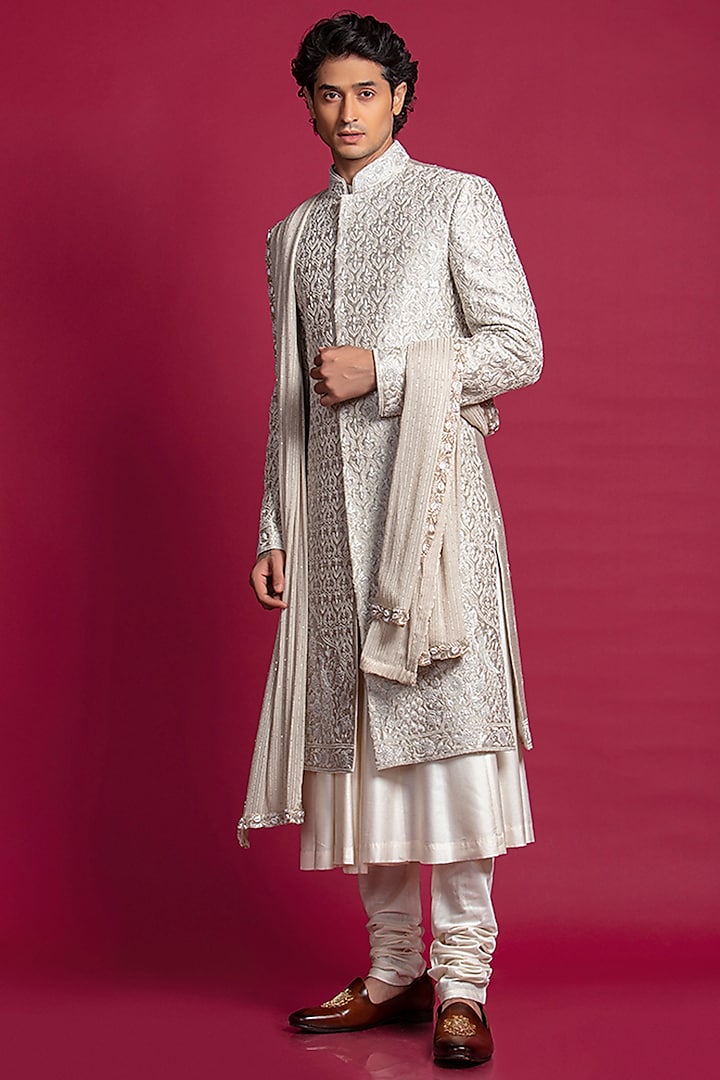 Metallic Grey Shimmer Lurex Silk Embroidered Sherwani Set by Jayesh and Kaajal Shah