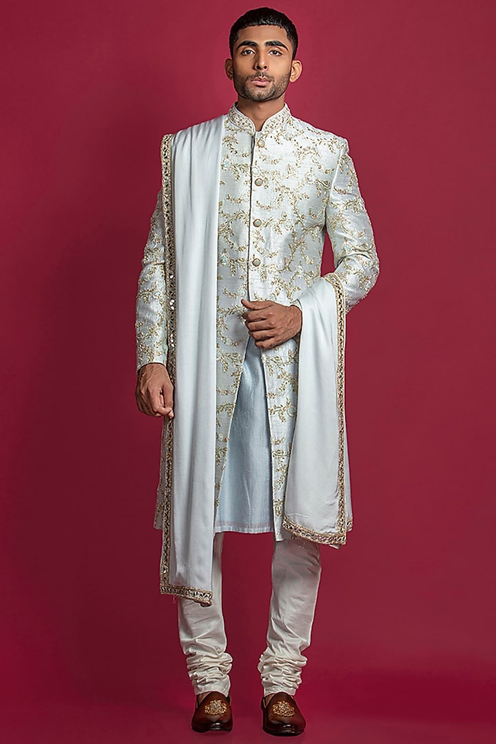 Light Blue Raw Silk & Banarasi Embroidered Groom Sherwani Set by Jayesh and Kaajal Shah Men at Pernia's Pop Up Shop