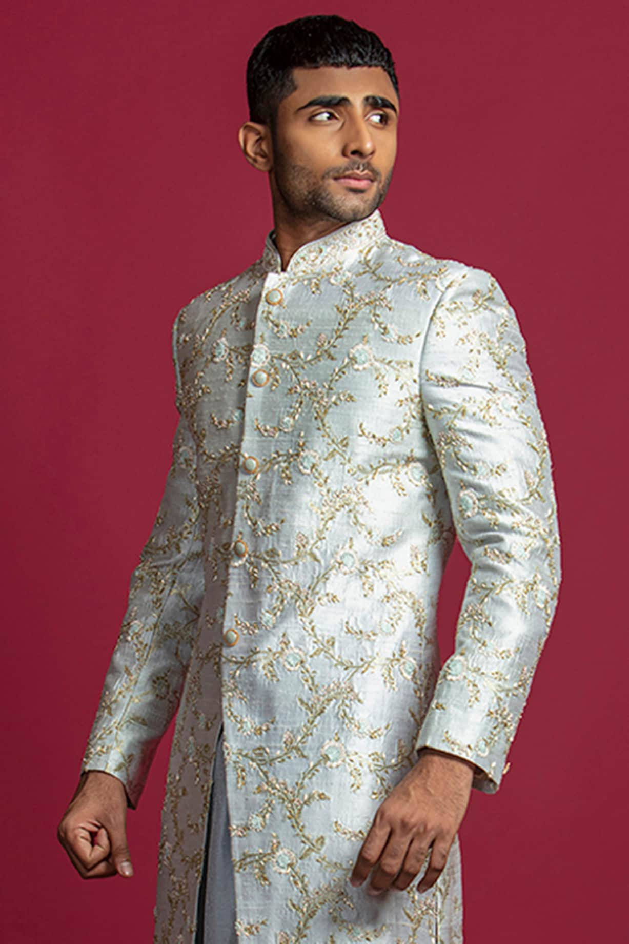 Buy JAYESH SHAH Light Blue Raw Silk & Banarasi Embroidered Sherwani Set ...