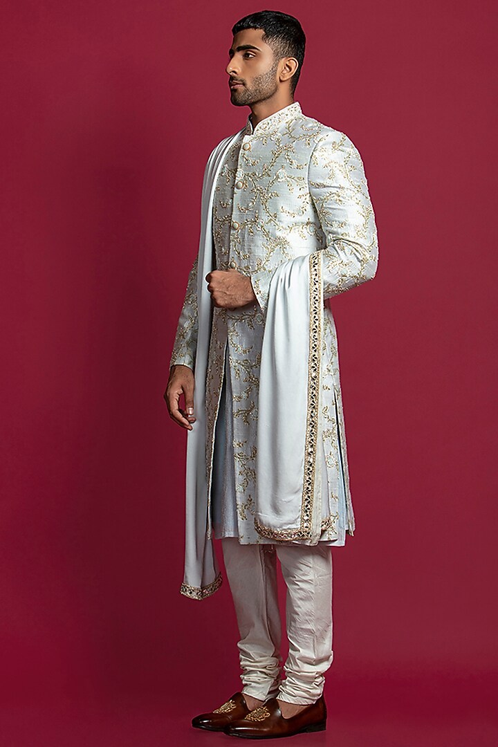 POWDER BLUE RAWSILK JAHAAN PEARL EMBROIDERED SHERWANI SET