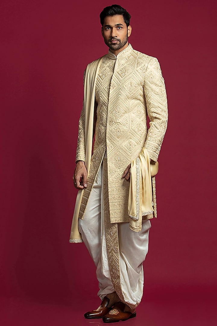 Gold Tussar Silk Embroidered Sherwani Set by Jayesh and Kaajal Shah