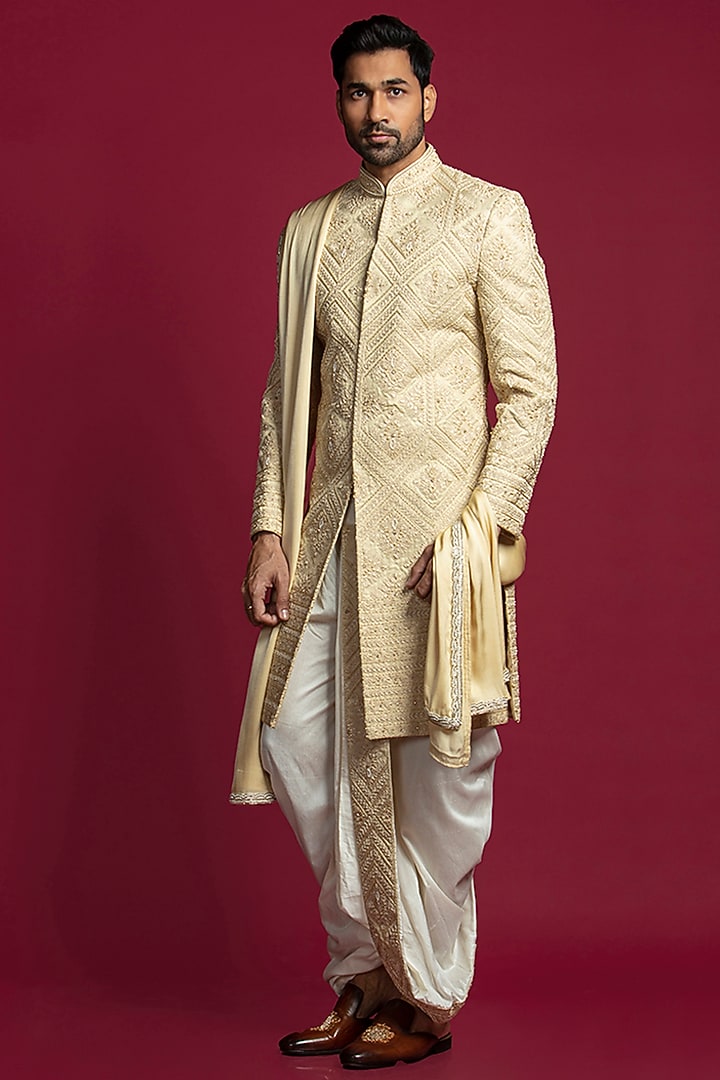 Gold Tussar Silk Embroidered Groom Sherwani Set by Jayesh and Kaajal Shah Men at Pernia's Pop Up Shop