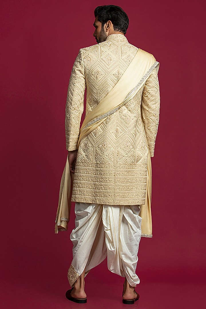Gold Tussar Silk Embroidered Groom Sherwani Set by Jayesh and Kaajal Shah Men at Pernia's Pop Up Shop