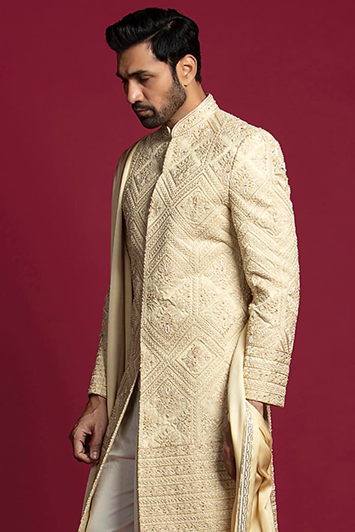 Gold Tussar Silk Embroidered Groom Sherwani Set by Jayesh and Kaajal Shah Men at Pernia's Pop Up Shop