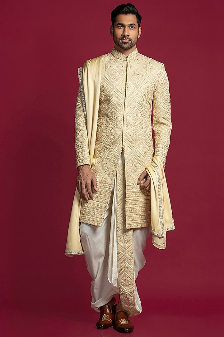 Gold Tussar Silk Embroidered Groom Sherwani Set by Jayesh and Kaajal Shah Men at Pernia's Pop Up Shop