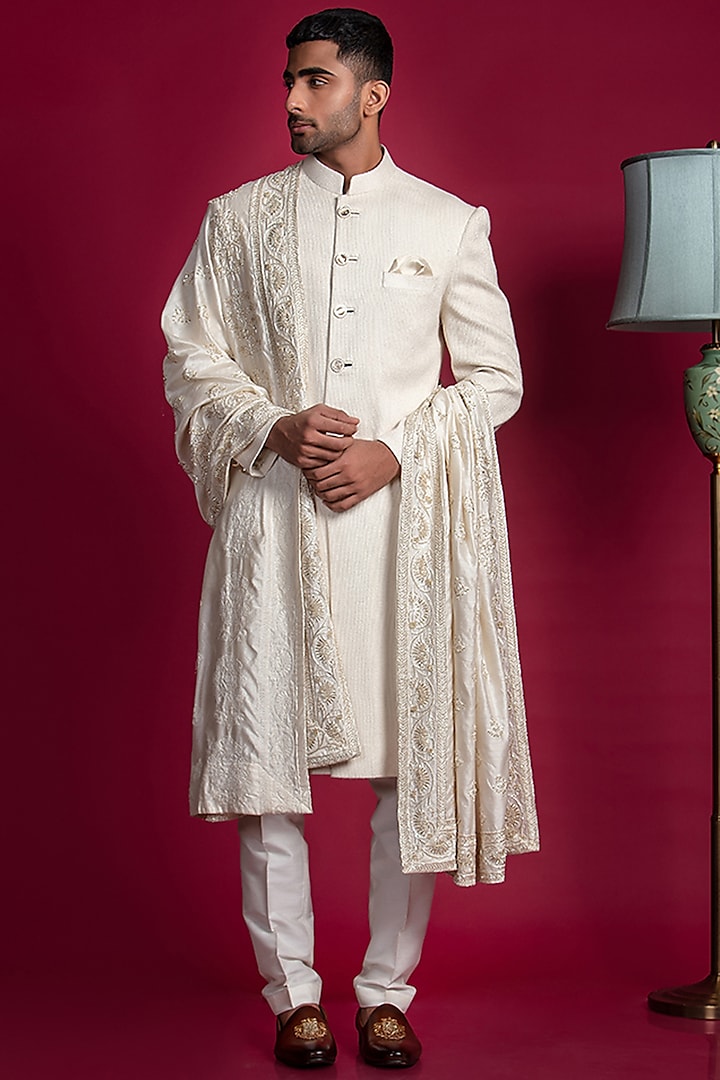 Ivory Stripe Silk Blended Sherwani Set by Jayesh and Kaajal Shah