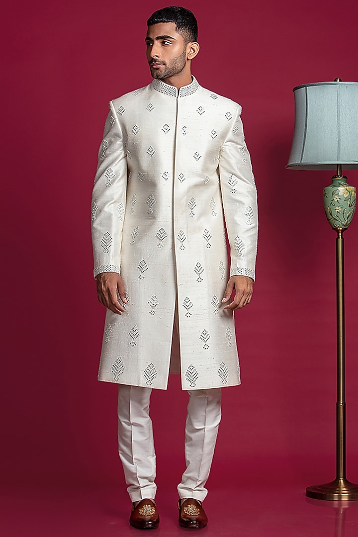 Silver Raw Silk Embroidered Sherwani Set by Jayesh and Kaajal Shah