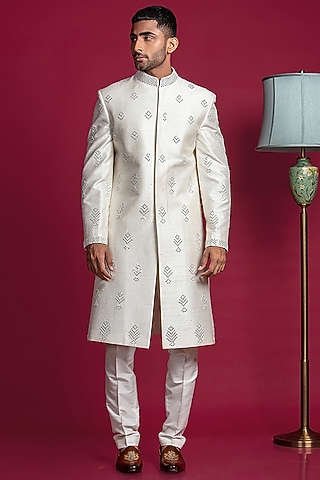 Silver Raw Silk Embroidered Sherwani Set by Jayesh and Kaajal Shah Men