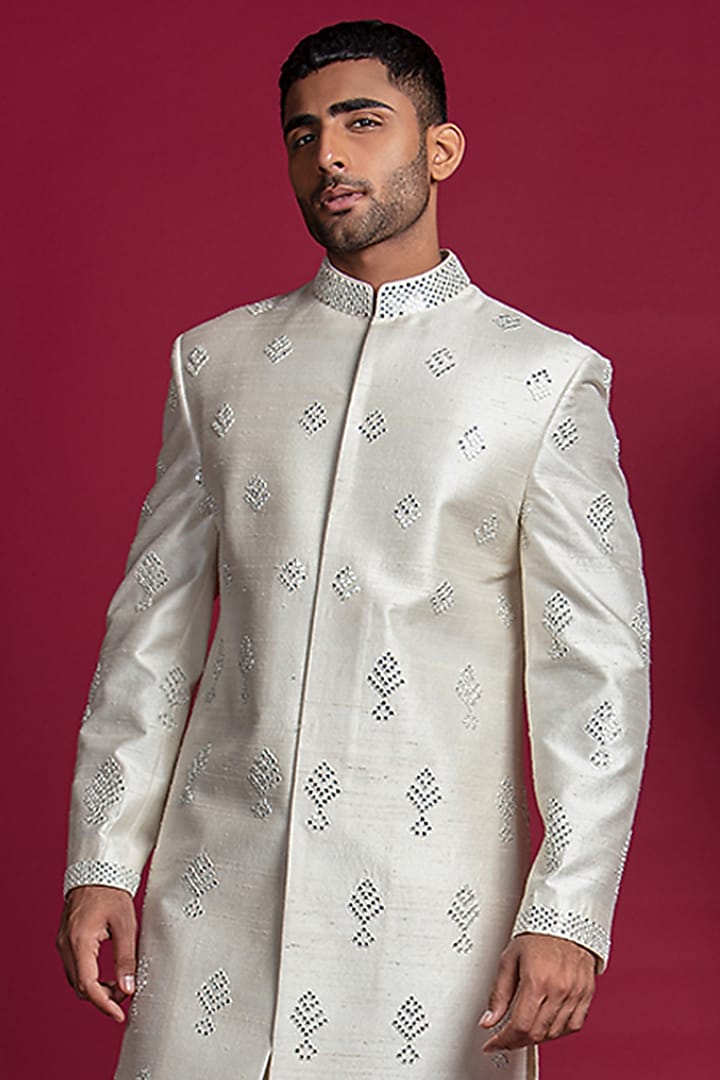 Silver Raw Silk Embroidered Wedding Sherwani Set by Jayesh and Kaajal Shah Men at Pernia's Pop Up Shop