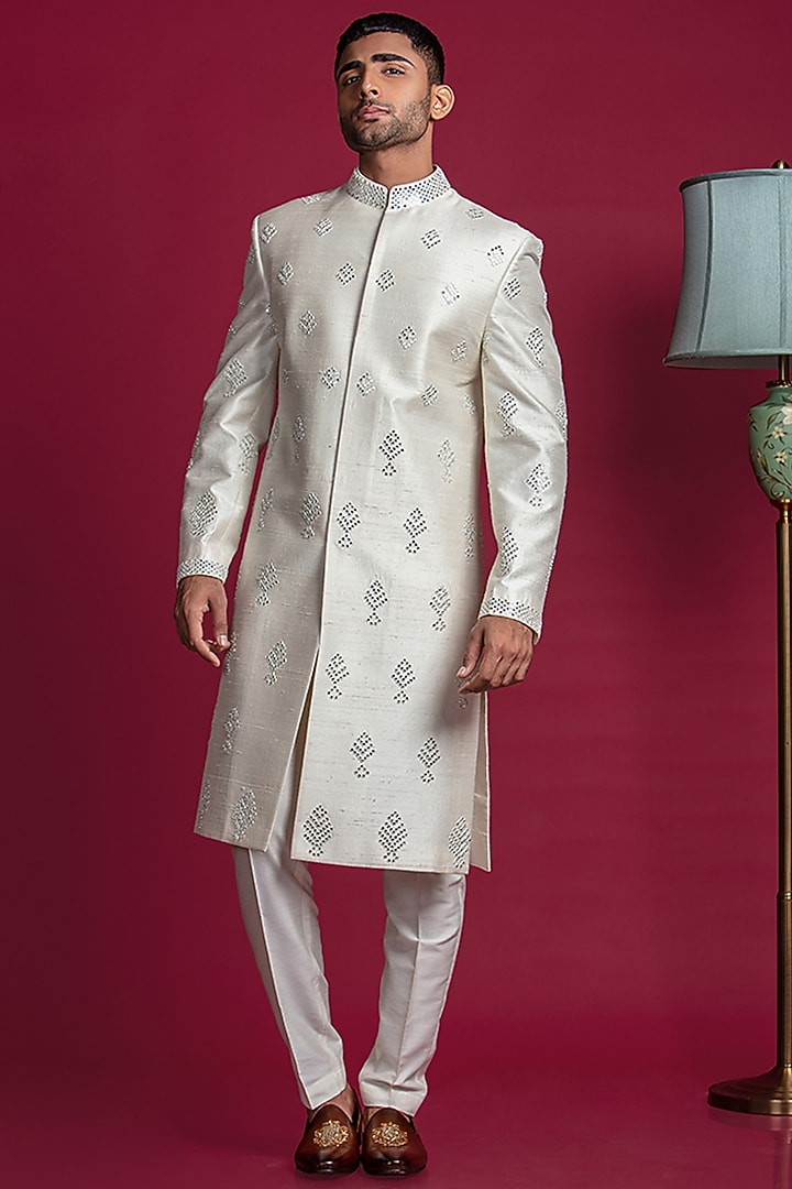 Silver Raw Silk Embroidered Wedding Sherwani Set by Jayesh and Kaajal Shah Men at Pernia's Pop Up Shop
