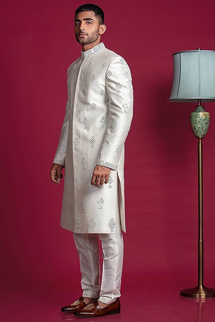 Silver Raw Silk Embroidered Wedding Sherwani Set by Jayesh and Kaajal Shah Men at Pernia's Pop Up Shop