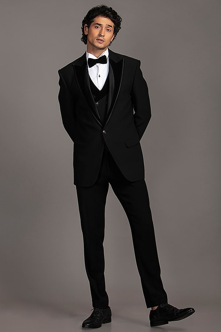 Black Polinosic Satin Suit Set by Jayesh and Kaajal Shah Men at Pernia's Pop Up Shop