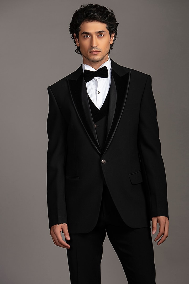 Black Polinosic Satin Suit Set by Jayesh and Kaajal Shah Men at Pernia's Pop Up Shop
