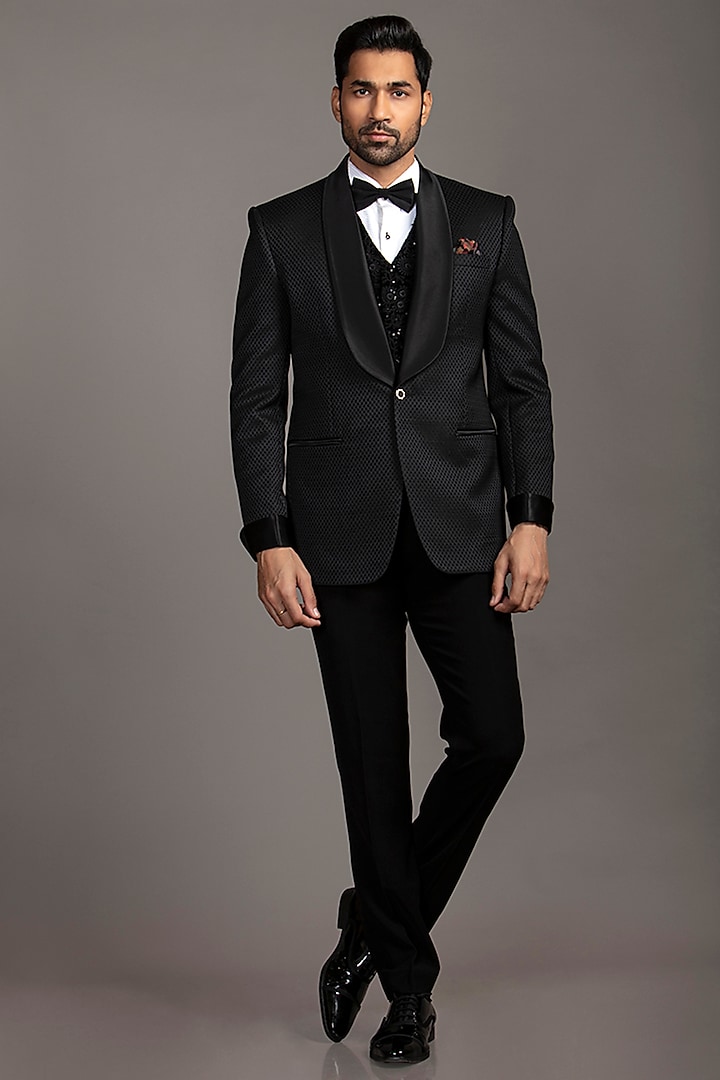 Black Blended Tuxedo Set by JAYESH SHAH