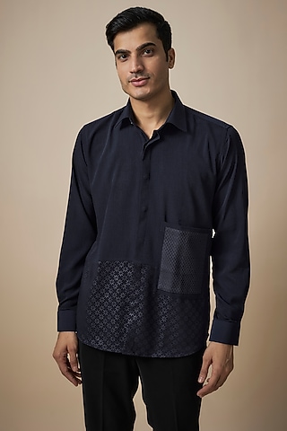 Navy Blue Knitted Fabric Shirt by Jayesh and Kaajal Shah Men