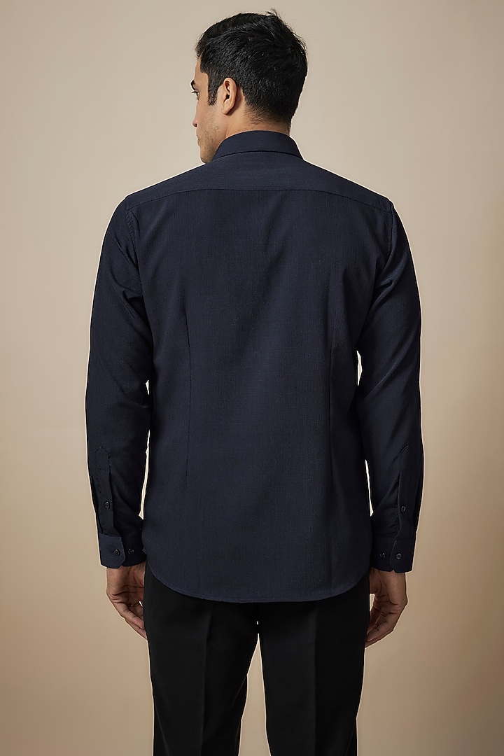 Navy Blue Knitted Fabric Shirt by Jayesh and Kaajal Shah Men at Pernia's Pop Up Shop
