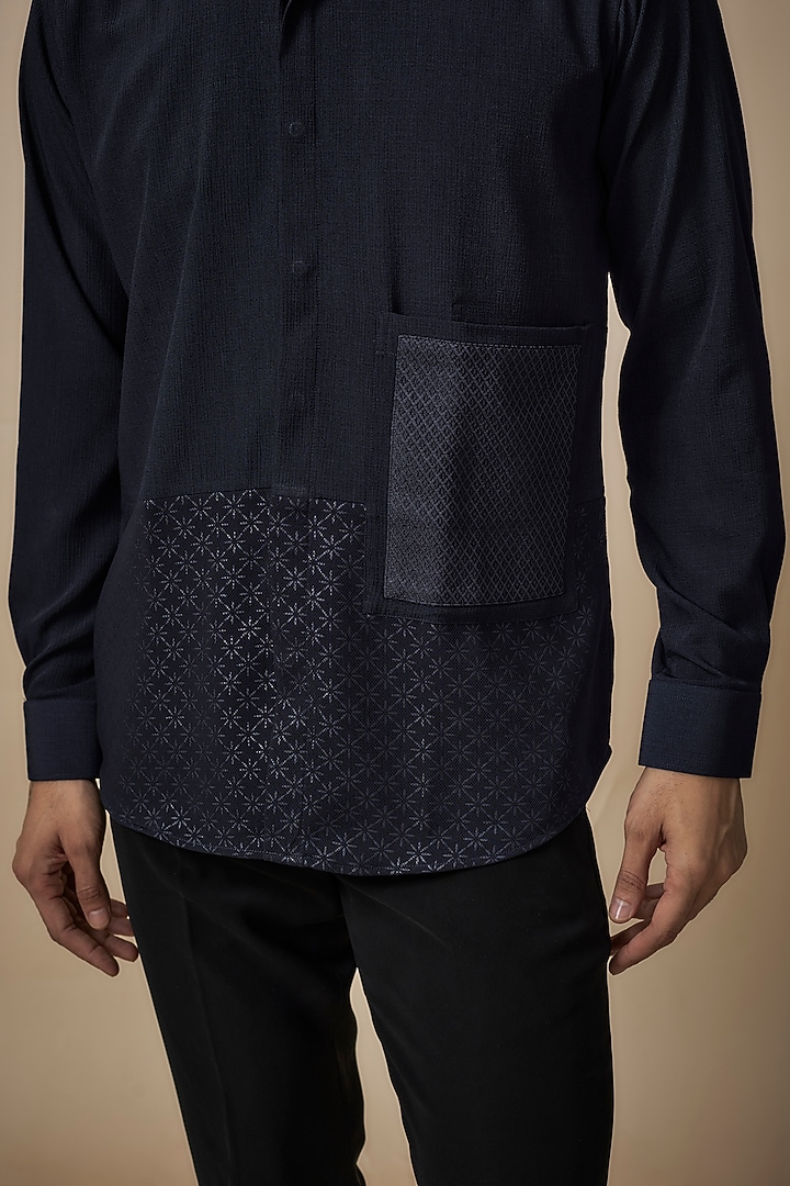 Navy Blue Knitted Fabric Shirt by Jayesh and Kaajal Shah Men at Pernia's Pop Up Shop