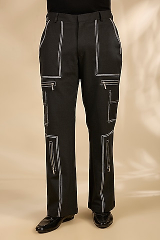Black Polyester Pants by Jayesh and Kaajal Shah Men