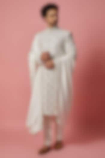 Ivory Silk Sherwani Set by Jayesh and Kaajal Shah Men at Pernia's Pop Up Shop