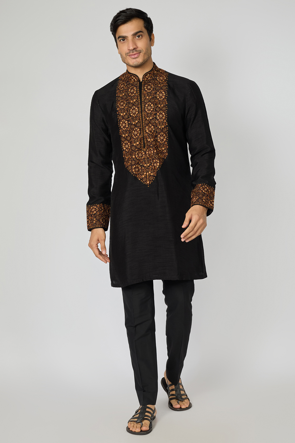 Black Spun Silk & Slub Satin Kurta by Jayesh and Kaajal Shah