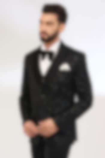 Black Pure Silk Tuxedo Set by Jayesh and Kaajal Shah Men at Pernia's Pop Up Shop