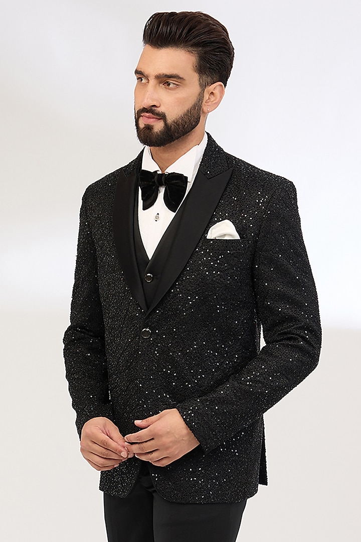 Black Pure Silk Tuxedo Set by Jayesh and Kaajal Shah Men at Pernia's Pop Up Shop