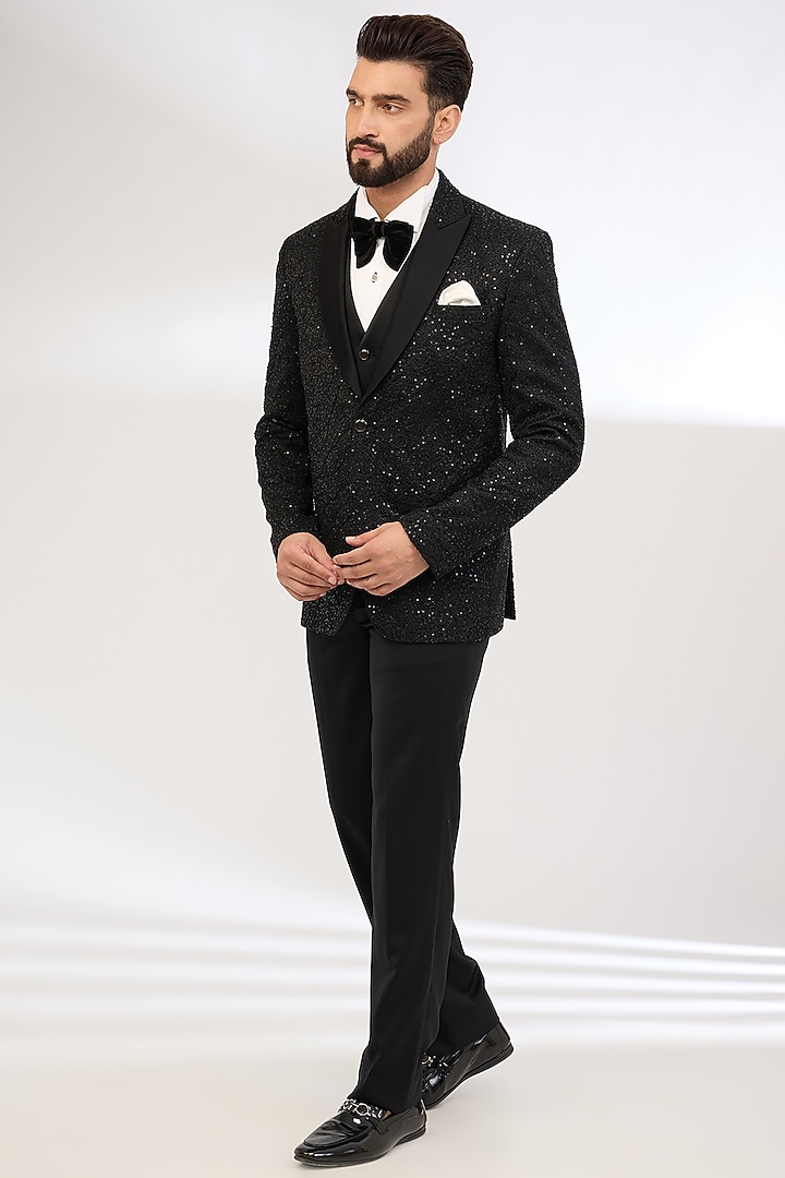 Black Pure Silk Tuxedo Set by Jayesh and Kaajal Shah Men at Pernia's Pop Up Shop