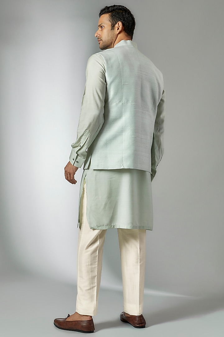 Mint Raw Silk Embroidered Bundi Jacket Set by Jayesh and Kaajal Shah Men at Pernia's Pop Up Shop