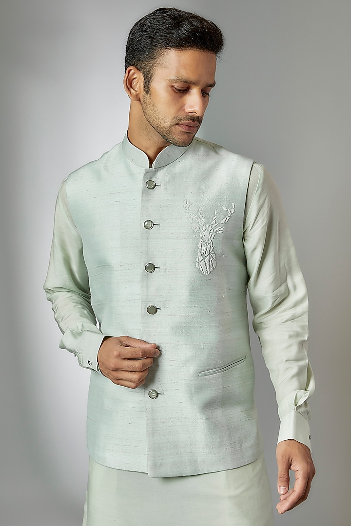 Mint Raw Silk Embroidered Bundi Jacket Set by Jayesh and Kaajal Shah Men at Pernia's Pop Up Shop