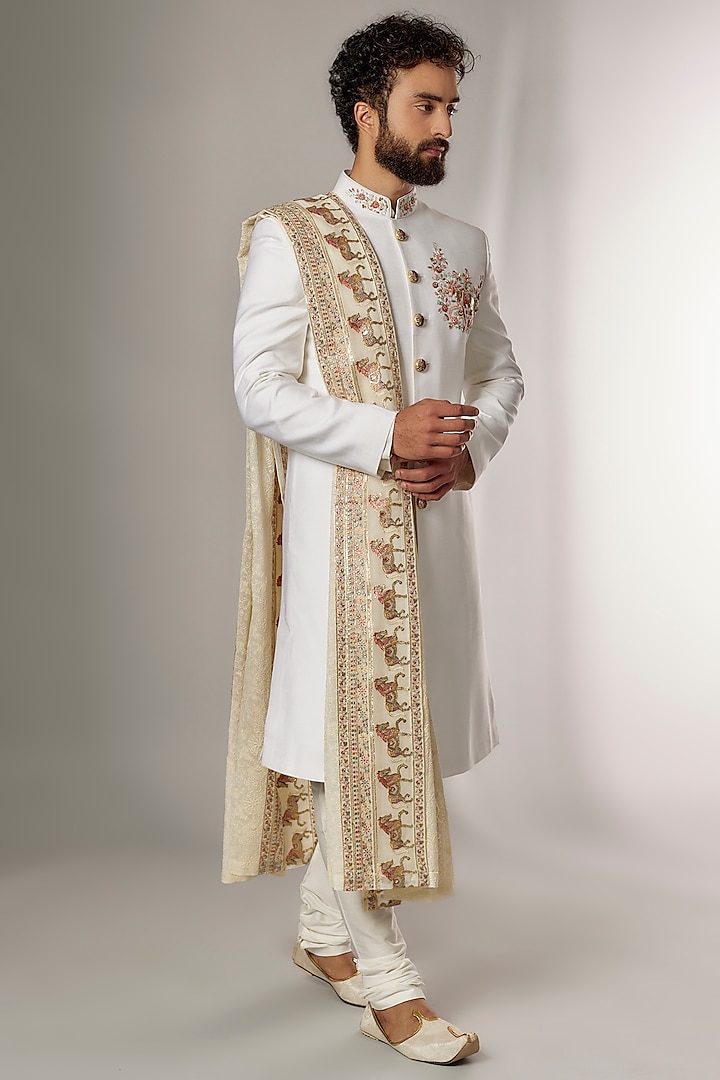 White Matka Silk Hand Embroidered Sherwani Set by Jayesh and Kaajal Shah