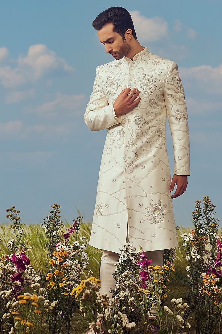 Cream Dupion Silk Embroidered Groom Sherwani Set by Jayesh and Kaajal Shah Men at Pernia's Pop Up Shop