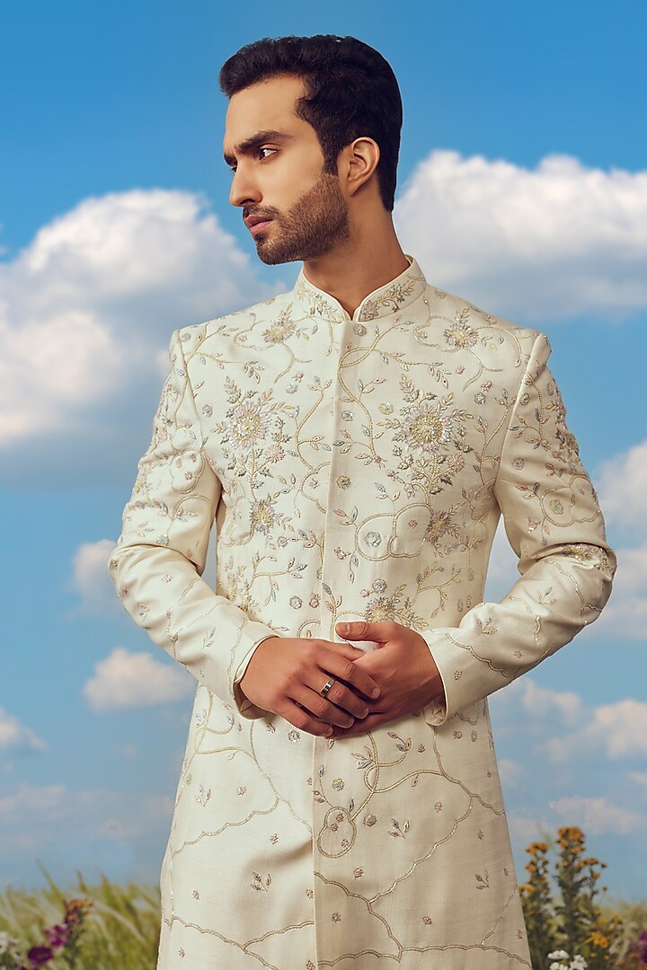 Cream Dupion Silk Embroidered Groom Sherwani Set by Jayesh and Kaajal Shah Men at Pernia's Pop Up Shop