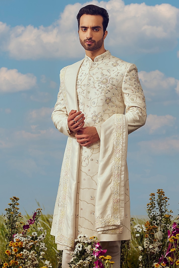 Cream Dupion Silk Embroidered Groom Sherwani Set by Jayesh and Kaajal Shah Men at Pernia's Pop Up Shop