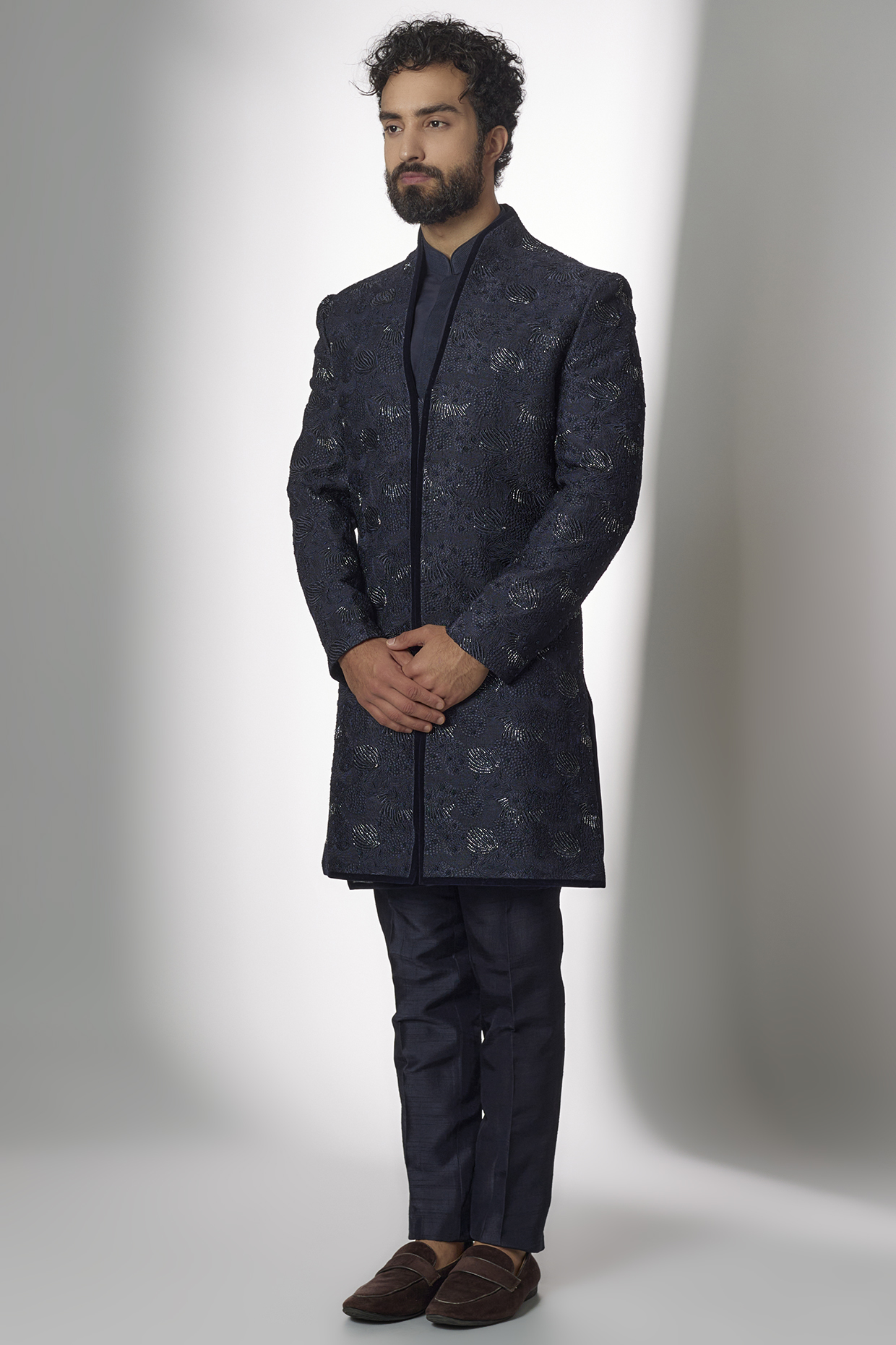 Navy Silk Embroidered Groom Indowestern Set by Jayesh and Kaajal Shah at Pernia's Pop Up Shop