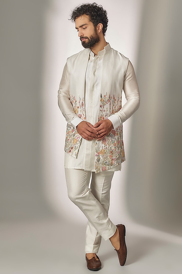 Ivory Dupion Silk Embroidered Indowestern Set by Jayesh and Kaajal Shah