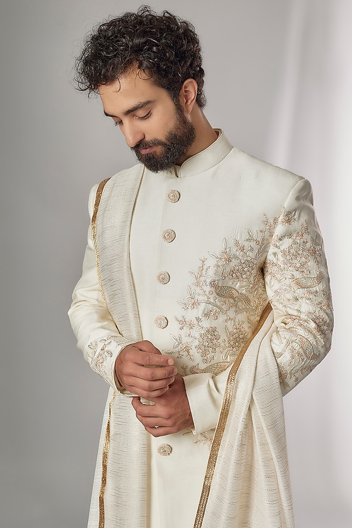 Cream Dupion Silk Embroidered Groom Sherwani Set by Jayesh and Kaajal Shah Men at Pernia's Pop Up Shop