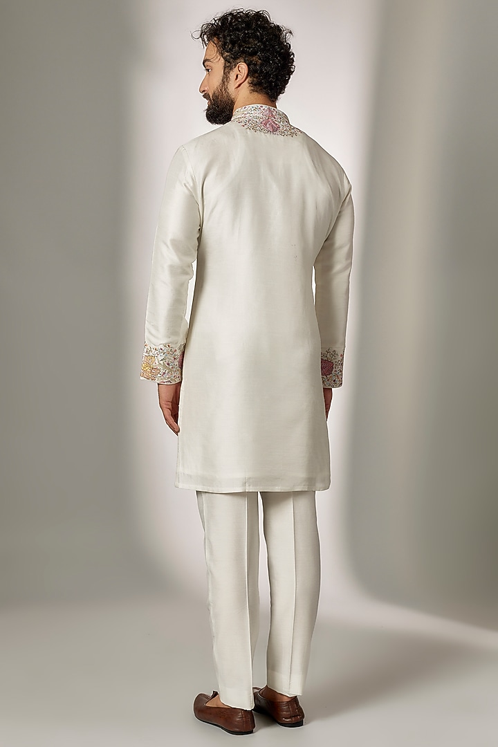 Ivory Dupion Silk Embroidered Kurta Set by Jayesh and Kaajal Shah Men at Pernia's Pop Up Shop