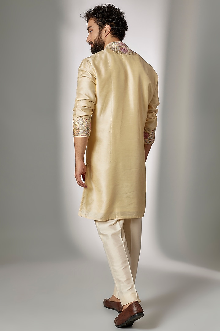 Cream Dupion Silk Embroidered Kurta Set by Jayesh and Kaajal Shah Men at Pernia's Pop Up Shop