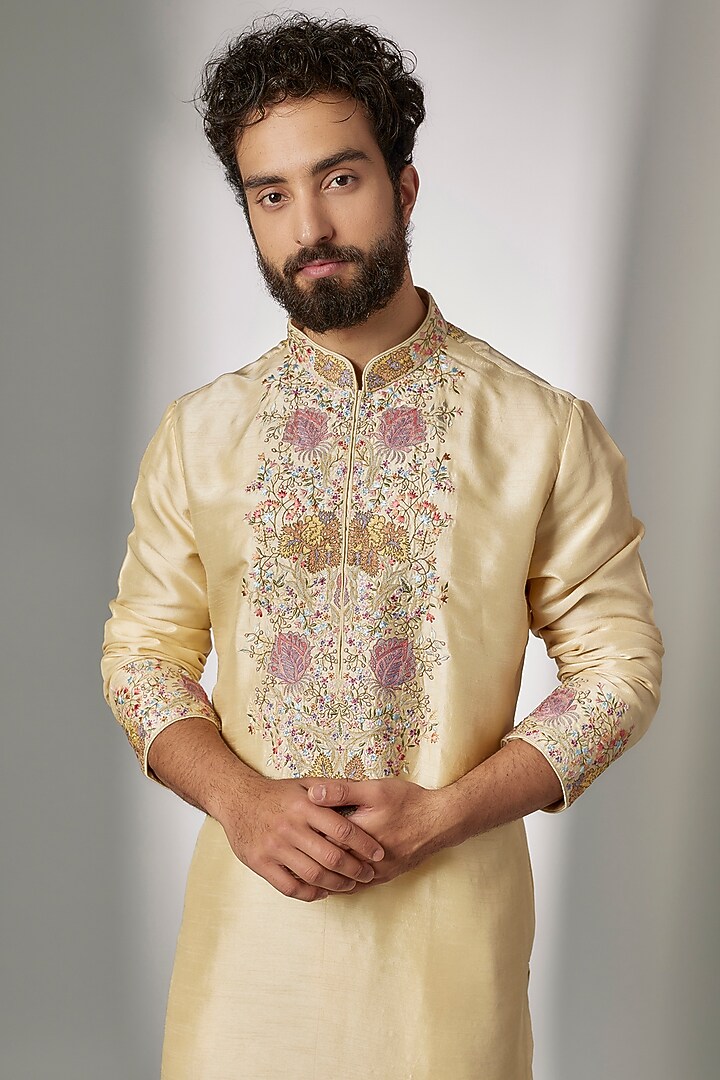 Cream Dupion Silk Embroidered Kurta Set by Jayesh and Kaajal Shah Men at Pernia's Pop Up Shop