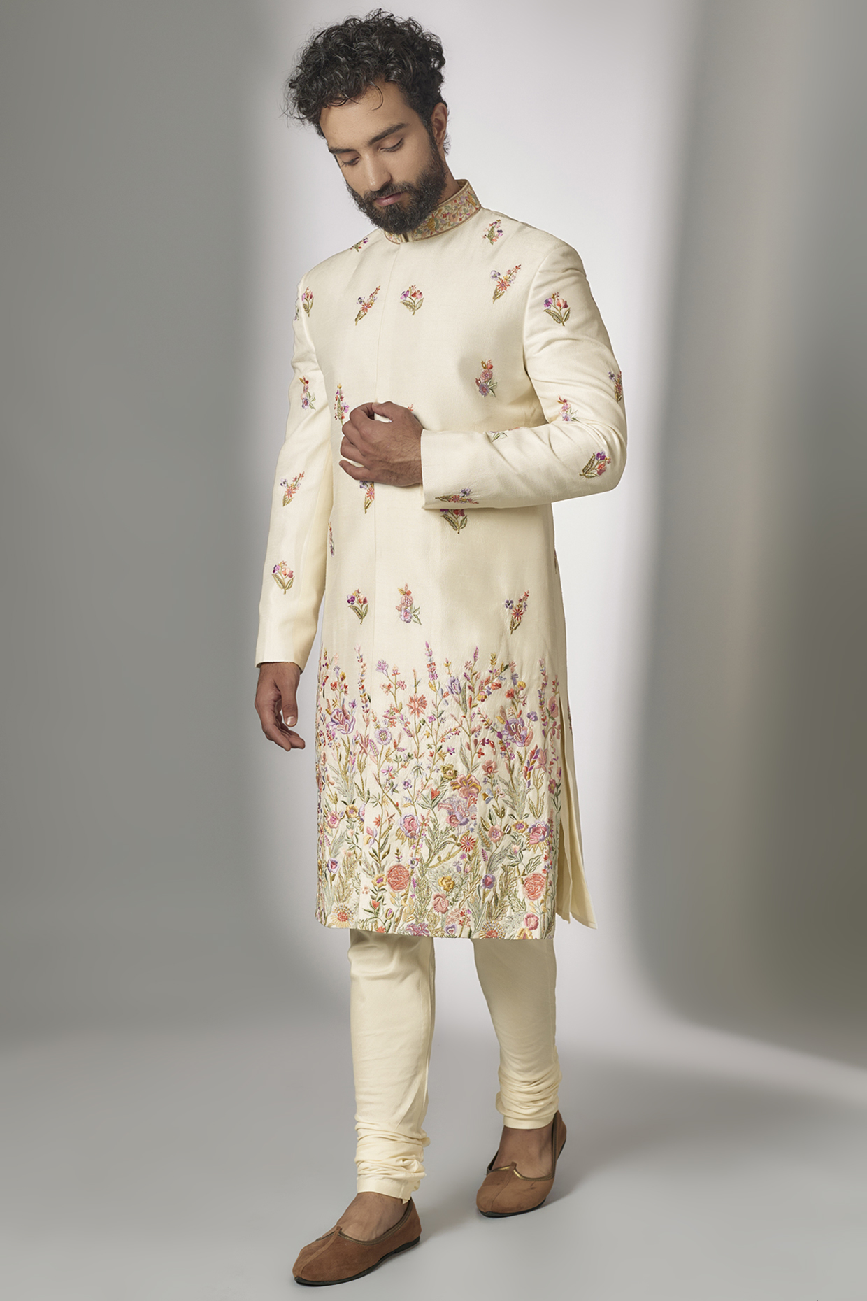 Ivory Dupion Silk Embroidered Groom Indowestern Set by Jayesh and Kaajal Shah at Pernia's Pop Up Shop