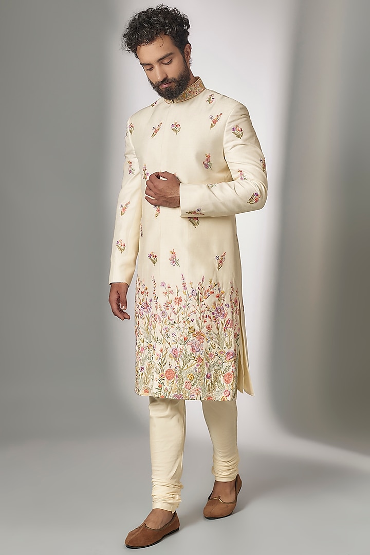 Ivory Dupion Silk Embroidered Groom Indowestern Set by Jayesh and Kaajal Shah at Pernia's Pop Up Shop