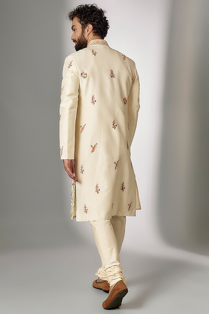 Ivory Dupion Silk Embroidered Groom Indowestern Set by Jayesh and Kaajal Shah Men at Pernia's Pop Up Shop