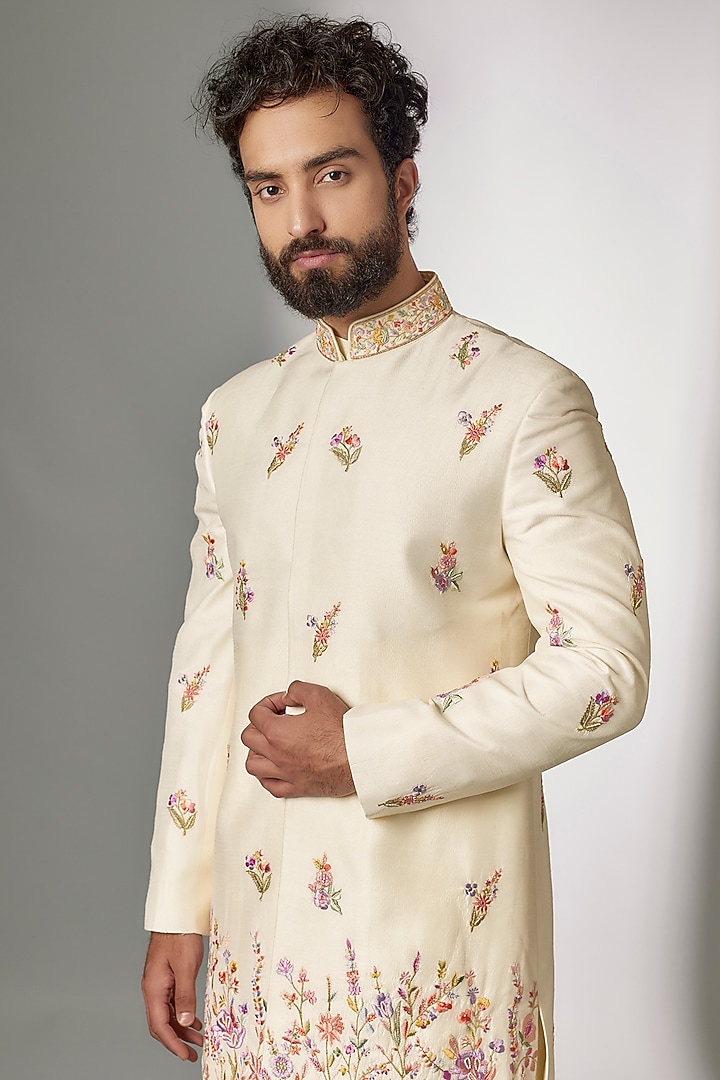 Ivory Dupion Silk Embroidered Groom Indowestern Set by Jayesh and Kaajal Shah Men at Pernia's Pop Up Shop