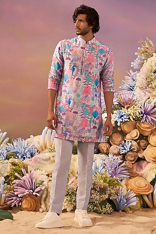 Blue Silk Printed & Embroidered Kurta Set by Jayesh and Kaajal Shah Men
