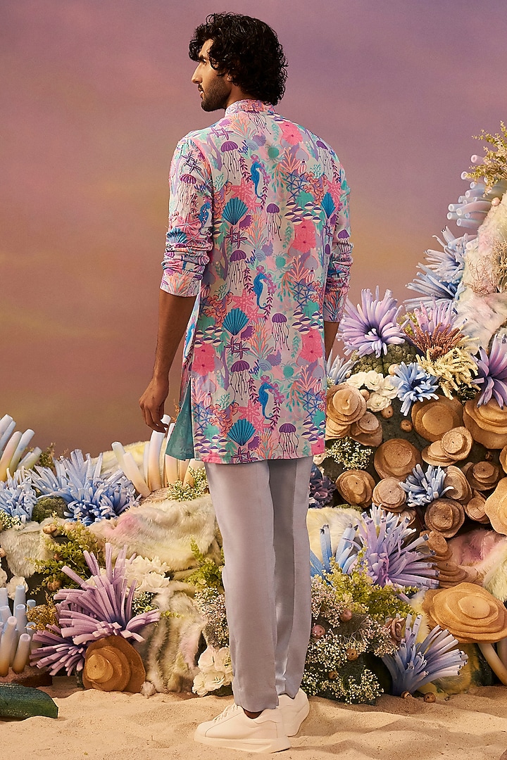 Blue Silk Printed & Embroidered Kurta Set by Jayesh and Kaajal Shah Men at Pernia's Pop Up Shop
