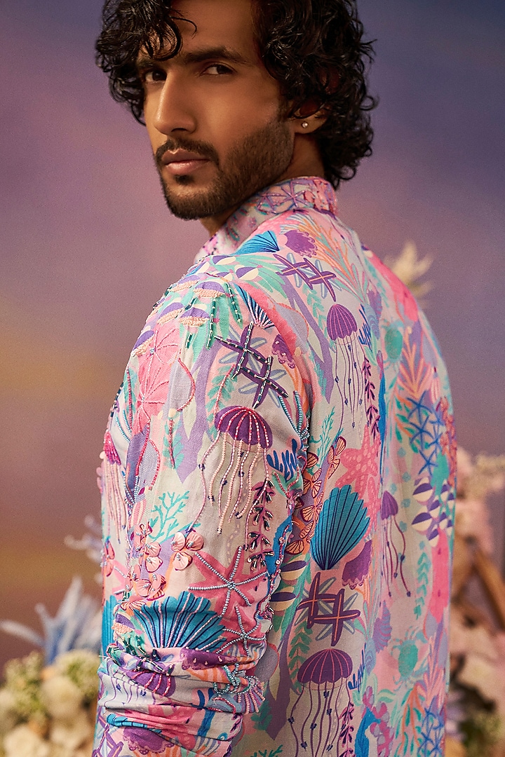 Blue Silk Printed & Embroidered Kurta Set by Jayesh and Kaajal Shah Men at Pernia's Pop Up Shop