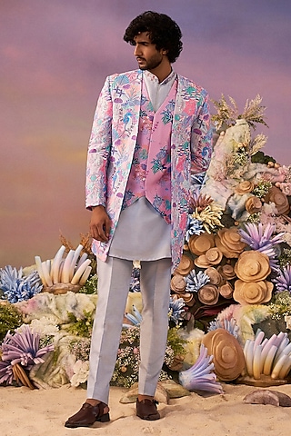 Pink Silk Printed Indowestern Set by Jayesh and Kaajal Shah Men