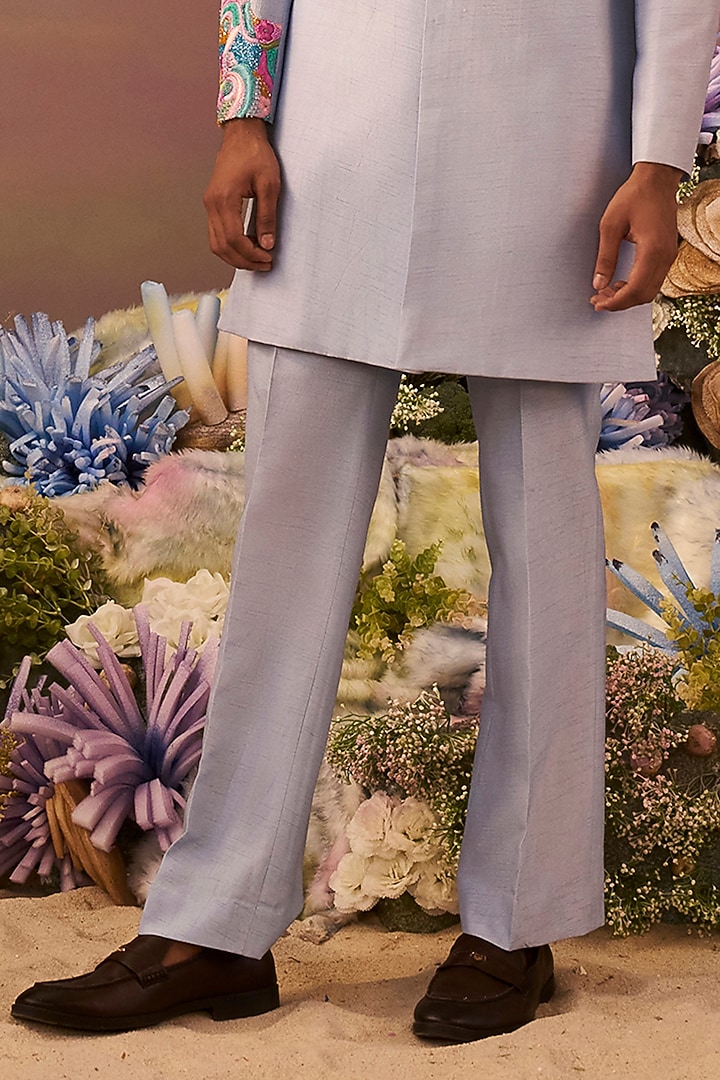 Lilac Raw Silk Embroidered Wedding Indowestern Set by Jayesh and Kaajal Shah Men at Pernia's Pop Up Shop