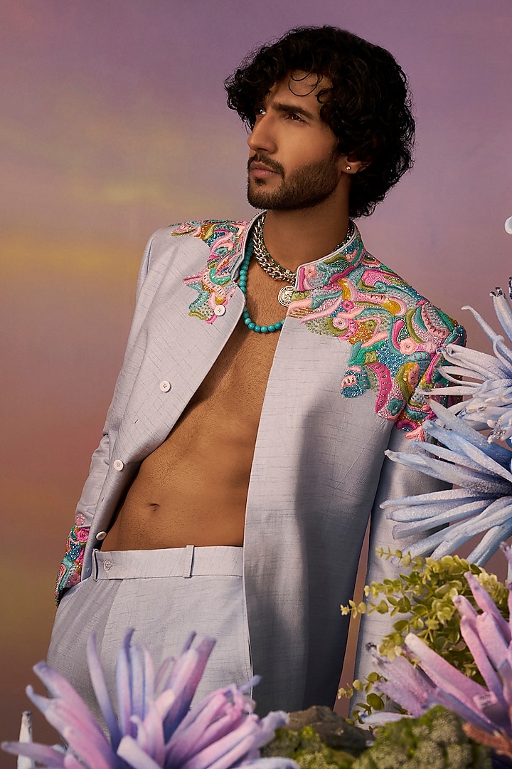 Lilac Raw Silk Embroidered Wedding Indowestern Set by Jayesh and Kaajal Shah Men at Pernia's Pop Up Shop