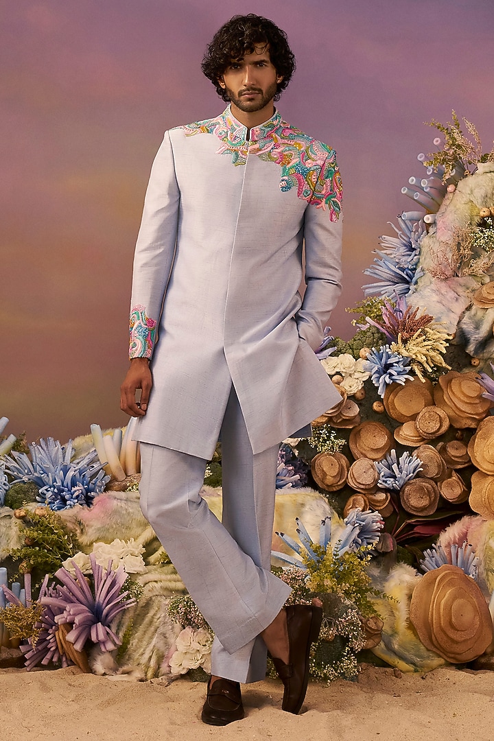 Lilac Raw Silk Embroidered Wedding Indowestern Set by Jayesh and Kaajal Shah Men at Pernia's Pop Up Shop